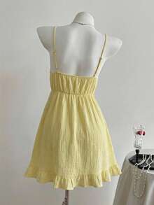 Comfortcana 女士休闲浅黄色吊带迷你连衣裙，夏季 - 鵝黃色 - 查看 2
