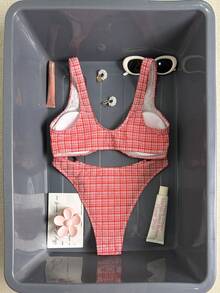 Swim Vcay Conjunto de 2 piezas de traje de baño para mujer con top halter sin espalda con volantes y shorts de pierna alta, en estilo casual de resort, con tela de punto a rayas rojas y blancas y ribete blanco - Multicolor - Ver 6
