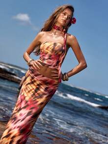 Opulessa Women's Knit Mesh Printed Cropped Tube Top & High Waist Bodycon Skirt 2-Piece Set, Suitable For Spring/Summer Vacation - Multicolor - View 5