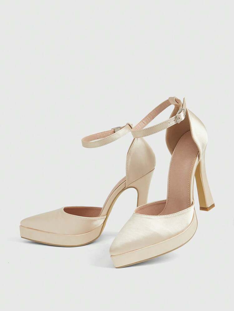 CUCCOO LuxiPop Women Shoes Outdoor Women's Pointed Thick High Heel Satin Fabric Stylish Simple Breathable Comfortable Daily Party Wedding Banquet Buckle Hollow Solid Color Shoes