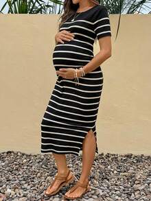 Pregnant Women Round Neck Short Sleeve Slit Striped Casual Summer Dress - Black - View 5