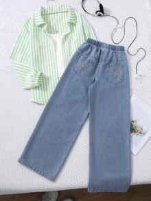 Sparklyn 2pcs/Set Big Girls' Spring/Autumn Striped Long Sleeve Shirt & Loose Light Blue Denim Jeans, Sweet Casual Outfit For Daily Wear - Green - View 1