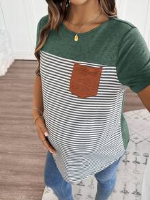 SHEIN Maternity Women's Striped Pocket Short Sleeve T-Shirt - Green - View 6