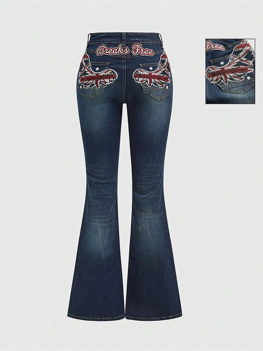 ROMWE Grunge Punk Spring/SummergraphicY2K Vintage Distressed Wash Union Jack Embroidered Fitted Low Waist Flare Leg Women Jeans - Blue - View 1