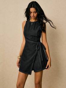 Poéselle Bộ quần yếm và áo liền quần denim nữ mới, kiểu dáng quấn quanh eo, không tay, màu xanh đậm, thanh lịch kiểu Pháp, thích hợp cho buổi hẹn hò. - màu đen - Xem 5