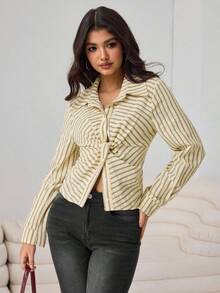 Aidyla Women's Yellow Woven Striped Textured Waist Drawstring Button-Up Elegant Blouse, Spring/Summer Western Top 70s Tops Tops For Women Tie Up Shirt Striped Blouse Elegant Yellow Striped Fabric Long Sleeve Collared Shirt For Women With Regular Hem And Twist Detail - Yellow - View 8