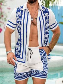 VENTUSAIL Men's Vacation Casual Striped Coconut Tree Print Shirt & Shorts Set - Multicolor - View 3