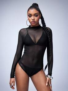 Y2Kool BiGraphic Women's Black Sexy Hot Girl Casual Stand Collar Long Sleeve Sheer Mesh Jumpsuit Sexy Bodysuit Sheer Bodysuit Leotard - Black - View 3