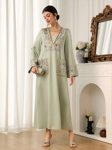 Al Najma Women's Sequin Patchwork Pocket Casual Party Outing Arabic Traditional Dress - Apricot - View 3