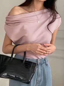 DAZY Solid Asymmetrical Neck Batwing Sleeve Tee,Off Shoulder Top - Pink - View 3