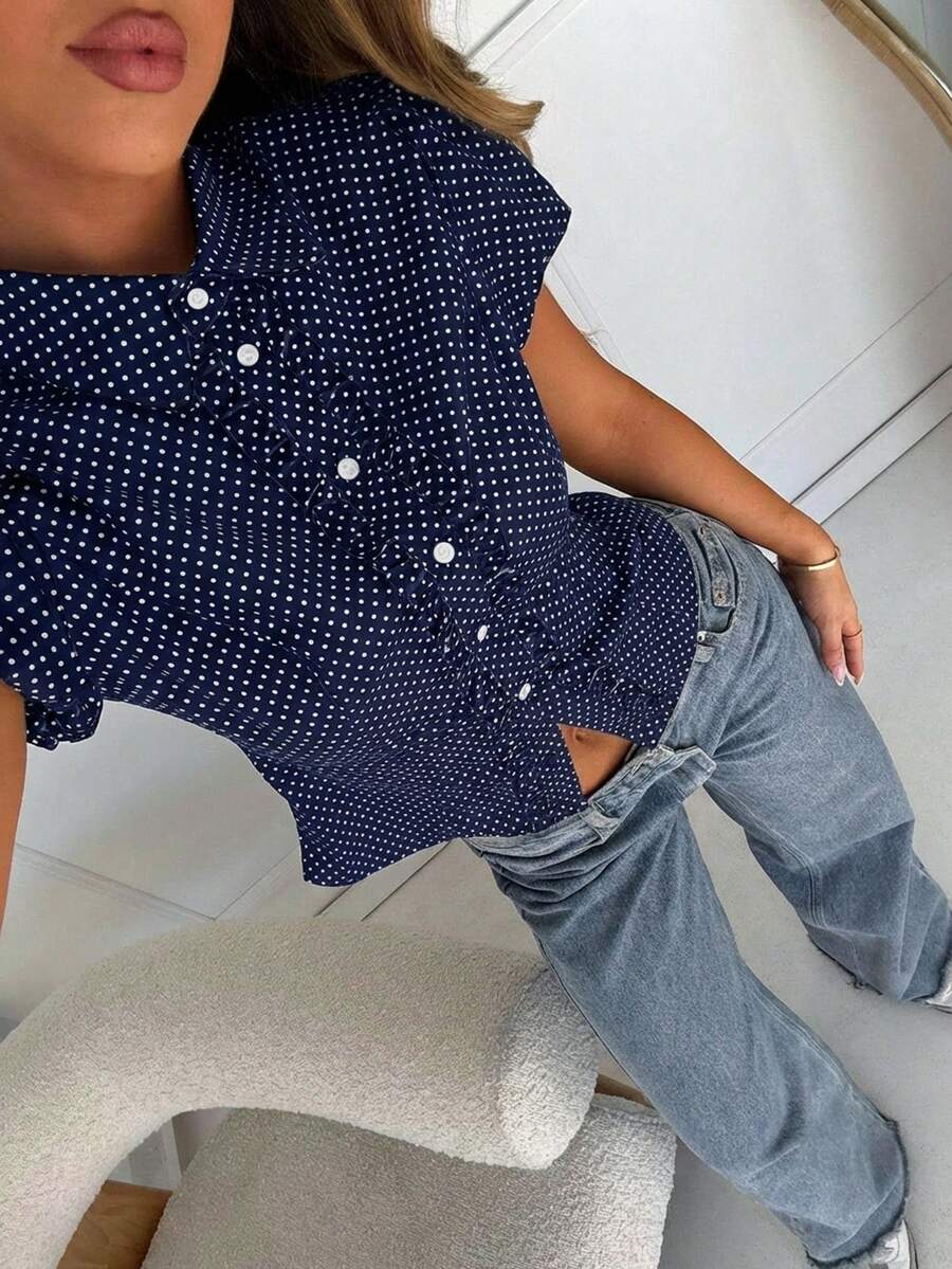 SHEIN EZwear 藏蓝色波点编织露背短袖女式衬衫纽扣上衣夏季衬衫女士牛仔钻石套装波点衬衫纽扣上衣波点上衣，夏季休闲上衣可搭配牛仔裤女士衬衫夏季女士休闲套装女士上衣和衬衫女士上衣 - 藏蓝色 - 查看 1