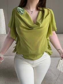 Vibekara Elegante, sexy Bluse mit Blumenmuster, drapiertem Ausschnitt und Rüschensaum für Frauen - Grün - Übersicht 3