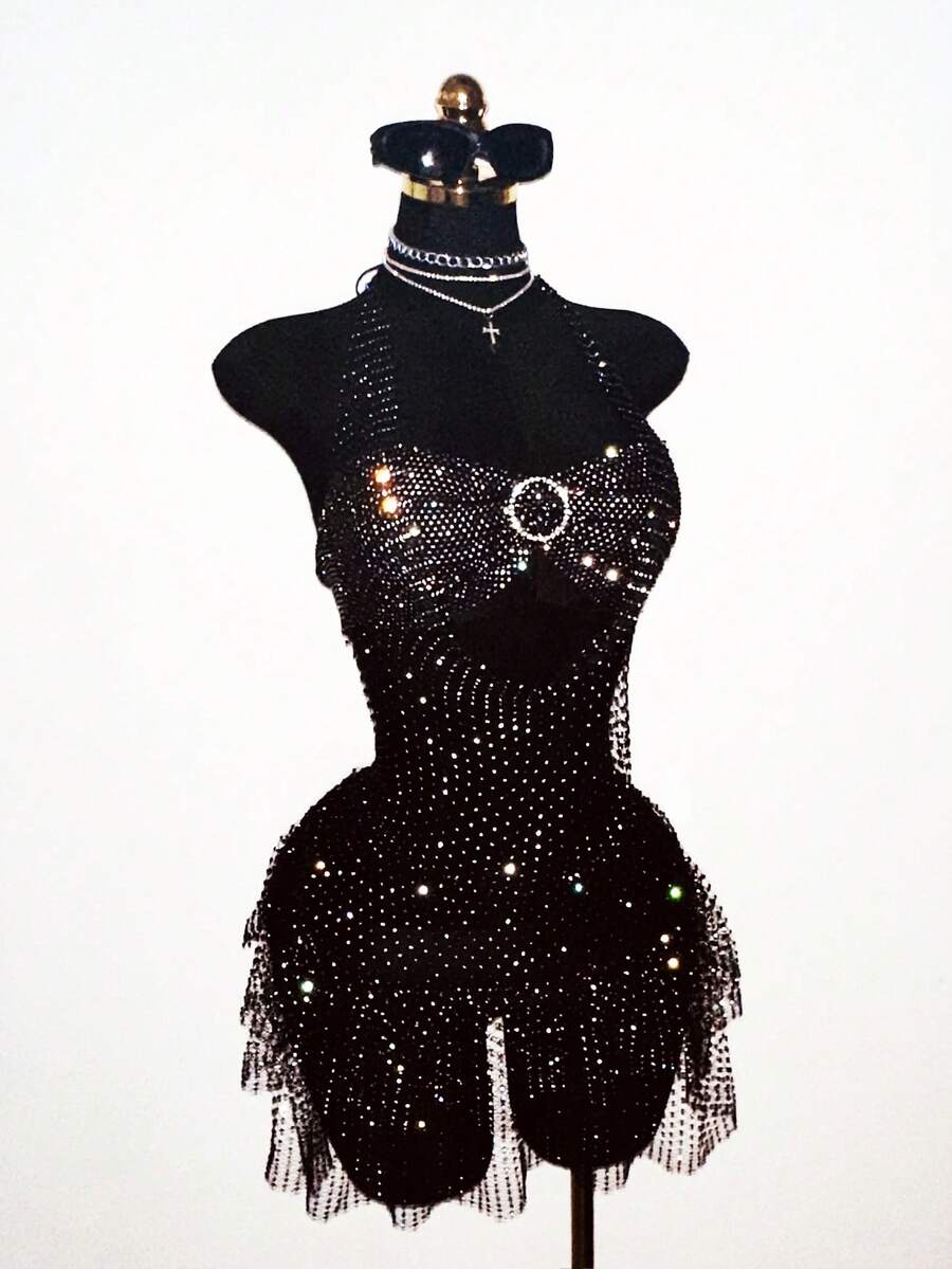 Jeanoix Women's Party Dress, Sparkling Fishnet & Rhinestone Material, Suitable For Bar, Party, Club Outfit - Black - View 1