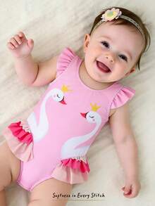 Cozy Pixies Baby Girl Cute Swan Print Ruffle One-Piece Swimsuit, Summer Beach Holiday - Pink - View 10