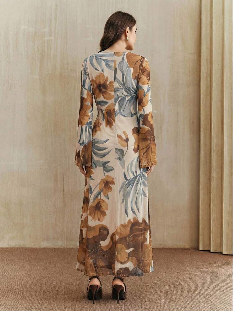 Elegant Floral Print Dress, Fitted Vintage Style Beach Vacation Dress For Women, Spring To Summer
