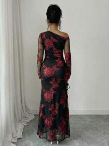 Rafferiza Đầm xẻ tà bất đối xứng bằng vải lưới Jacquard dành cho nữ - Đỏ và đen - Xem 2