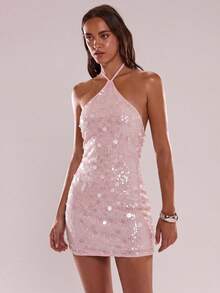 SHEIN BAE Gaun Mini Halter Glamor Pas Badan Berpayet Warna Polos untuk Wanita - Coral Pink - View 6