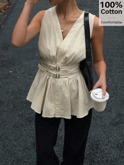 Siren Gaze 100%纯棉无袖衬衫，双腰带设计，柔软亲肤，杏色，适合工作和度假穿着，优雅女士衬衫