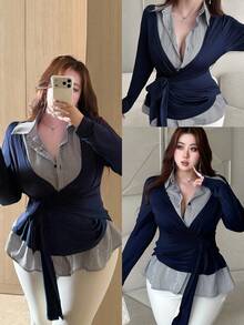 Vibekara Plus Size Women's New Spring Knit Loose Collar Patchwork Striped Woven 2 In 1 Top, Elegant Business Casual Commute Outerwear Navy Blue Blouse Women Blouses Elegant Navy Blue Top Women Sexy Blouse For Women Business Casual Woman Top Dark Blue Top Curvy Blouses Office Blouse Wrap BlouseCasual Plus Size Women's Knitted Wrap Colorblock Top With Long Sleeves And Collared Neckline - Blue - View 1