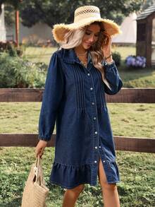 Breezaya Vestido de mezclilla casual de manga larga y unicolor para uso diario de mujer - Azul lavado oscuro - Ver 3