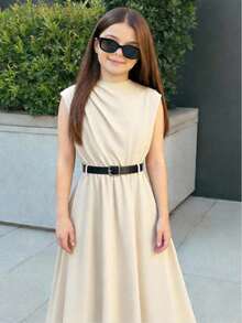 SHEIN NovaGlow Tween Girl Tween Girls Casual Chic Commuter Stand Collar Flounce Waist Apricot A-Line Dress, Comes With Belt - Beige - View 7