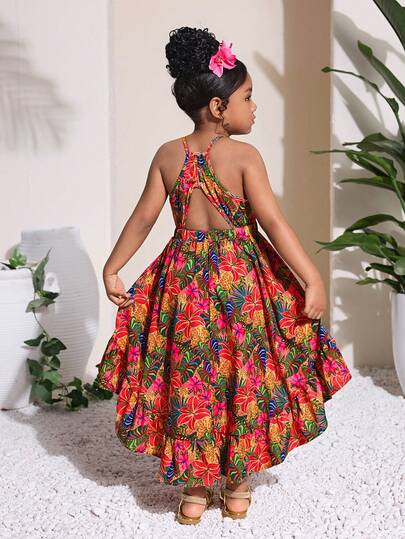 SHEIN Robe d'été à manches courtes avec imprimé floral pour jeune fille en vacances