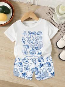 Bộ đồ bé gái thoải mái, năng động, in hình vỏ sò và biển cả, tay ngắn và quần short cùng họa tiết, thích hợp cho kỳ nghỉ hè, phong cách ngọt ngào và dễ thương mùa hè, phù hợp cho dã ngoại, hoạt động ngoài trời, chụp ảnh, đi học, thể thao, kỳ nghỉ, làm quà tặng. - Nhiều màu - Xem 2