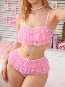 Valentine's Day PetitDoll 2pcs/Set Pink Bow Mesh Sexy Lingerie Set For Women - Pink - View 3