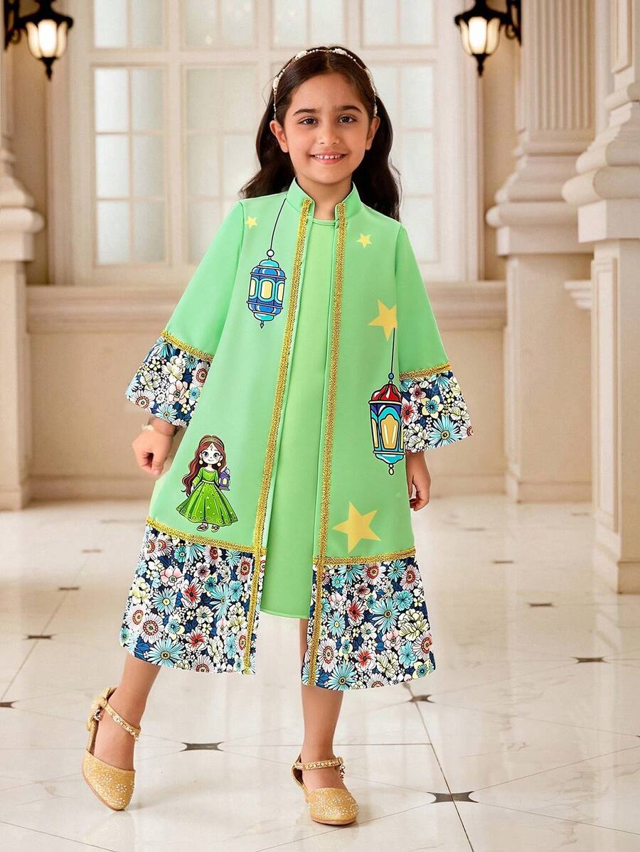 中东风情优雅女童两件套，包括一件立领长款开衫外套和一件无袖长裙，适合日常穿着和正式场合，春秋季节穿着。 - 綠色 - 查看 1