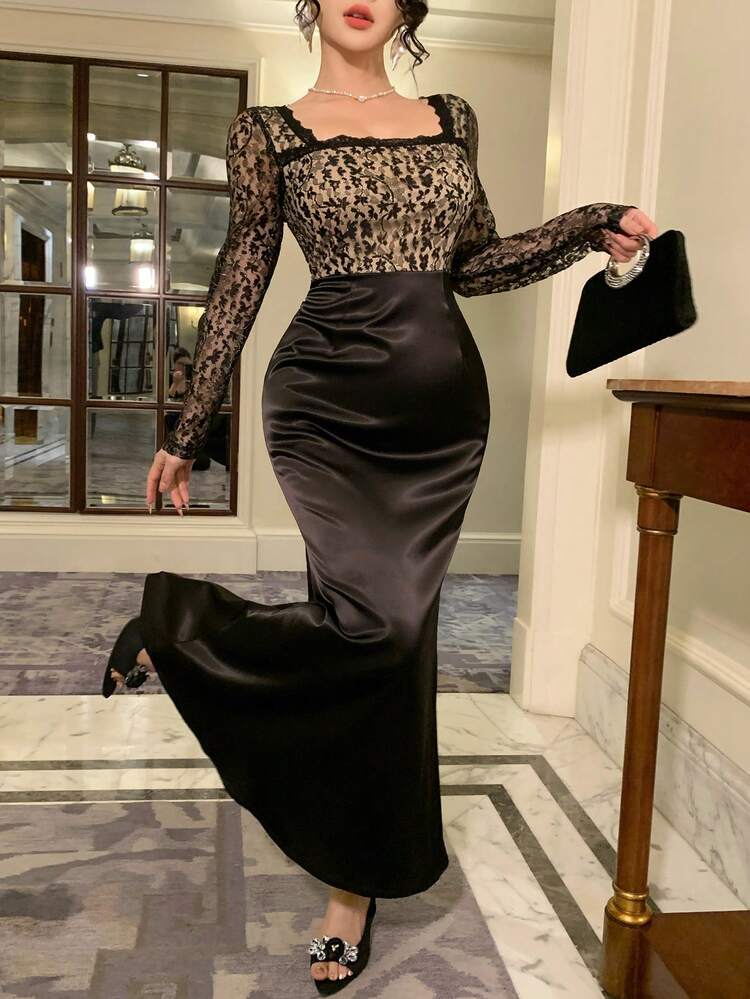 Women's Contrast Color Block Crew Neck Long Sleeve Fitted Dress Sundress