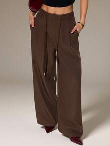 SHEIN PETITE Women's Solid Color High Waist Pockets Wide Leg Loose Pants, Suitable For Spring/Summer, Daily Wear, Commuting - Coffee Brown - View 7