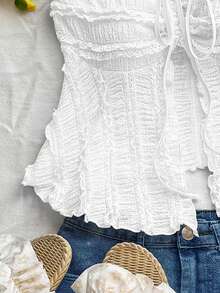 SHEIN Unity Áo kiểu nữ mùa hè đi biển, màu trơn, chất liệu vải dệt họa tiết, phối ren tương phản, 1 kiểu mặc được, 2 cách phối. - trắng - Xem 4