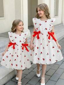 女童樱桃印花短袖连衣裙，带蝴蝶结，适合夏季和假期穿着 - 白色 - 查看 5