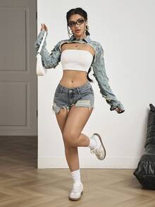 SHEIN PETITE 女士翻领做旧毛边下摆百搭日常长袖牛仔外套 - 藍色 - 查看 7