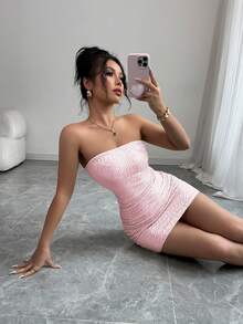 Rafferiza Đầm hai dây ngắn gợi cảm màu sâm panh đính sequin dành cho nữ dự tiệc. - Hồng - Xem 7
