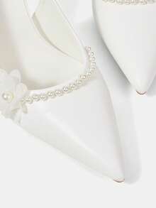 CUCCOO HITCHD Women Shoes Pointed Thin Heel White Three-Dimensional Flower Pearl Back Strap Women's Slingback Shoes Wedding Party Banquet Simple Fashion Sleek Women's High Heel Shoes Women's Wedding Shoes - Snow White - View 5