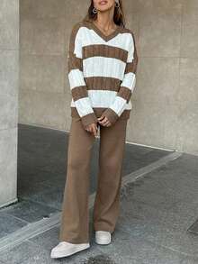 EURMUSE 2pcs Striped Textured V-Neck Long Sleeve Top And Solid Color Knit Pants Set - Camel - View 4