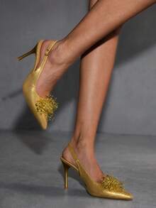 CUCCOO SZL 女士尖头细跟金色珠饰立体装饰时尚性感派对宴会夜店高跟鞋露跟女鞋情人节特惠 - 金色 - 查看 3