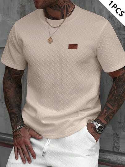 Manfinity Homme Camiseta de manga corta con cuello de canalé de jacquard para hombre, un regalo fino para el novio o el esposo, muy adecuada para el uso casual diario en verano, apropiada para las vacaciones en la playa, un artículo de moda y versátil