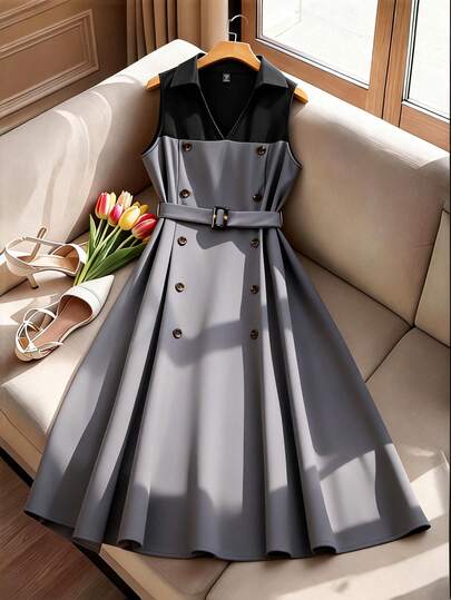 GlowEve CURVE Women's Fashionable Elegant V-Neck Sleeveless Color Block Double-Breasted Dress