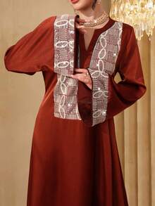 SHEIN Najma Elegant Pearl Embellished Fabric Patchwork Satin Long Sleeve Maxi Dress, Turkish & Arabic Traditional Abaya - Rust Brown - View 3