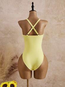 Swim Mod Traje de baño de una pieza para mujer con diseño de flores estampadas y nudo delantero, lindo para la playa y vacaciones, verano - Amarillo - Ver 2