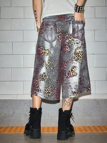 Grunge Punk Men's Casual Washed Vintage Leopard Print Denim Shorts - Burgundy - View 3