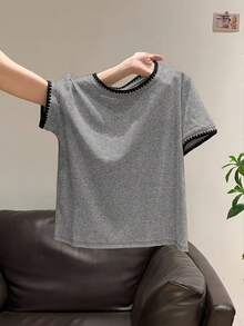 Women's Casual Daily Ribbed Crew Neck Short Sleeve T-Shirt, Summer - Grey - View 3
