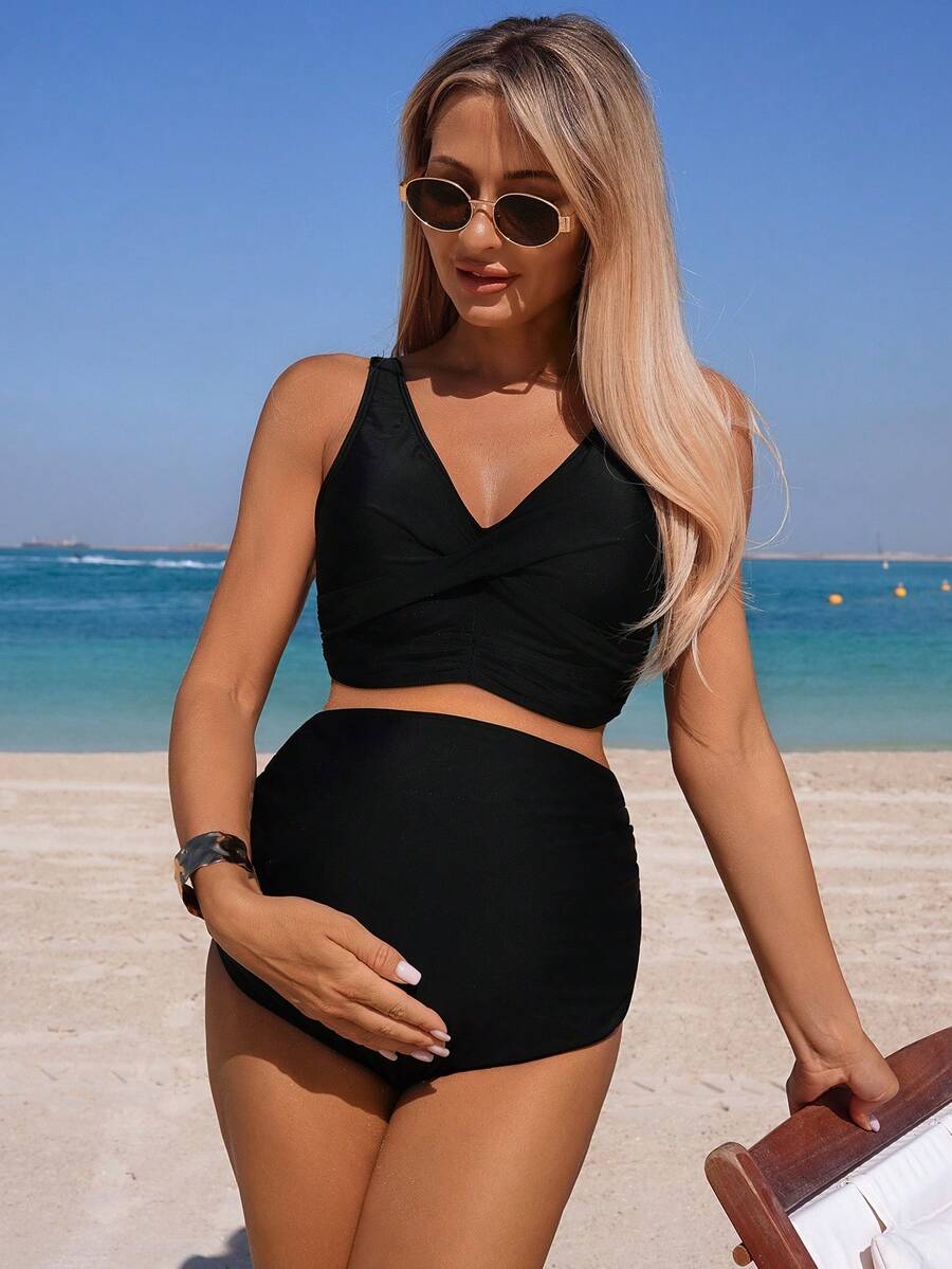 SHEIN 2026SS New Women's Maternity Tankini Set,Solid Black 2 Pieces Swimwear For Summer,Modest Beach Holiday,High Waisted Bikini Set Elegant Bathing Suits - Multicolor - View 1