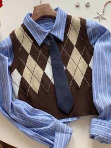 Comfortcana 女士几何图案极简无袖V领毛衣背心，休闲日常穿着 - 棕色 - 查看 6