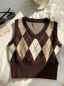 Comfortcana 女士几何图案极简无袖V领毛衣背心，休闲日常穿着 - 棕色 - 查看 7