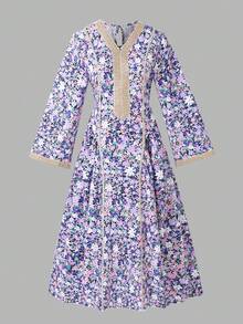 Teen Girls' Elegant Floral V-Neck Long Dress,Middle Eastern Style Purple Autumn Party Gown With Gold Accessories,Spring Summer Pink White Maxidress - Purple - View 8