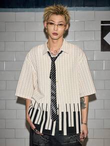 ROMWE MEN Grunge Punk Men's Striped Short Sleeve Single-Breasted Casual/Business Shirt - White - View 4