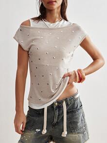 Bohemela Women's Casual Off-Shoulder Knit T-Shirt - Apricot - View 4